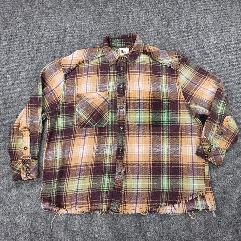 BDG Shirt Womens XS Multicolor Plaid Flannel Raw Hem Button Up Relaxed Fit Boho - Picture 2 of 16
